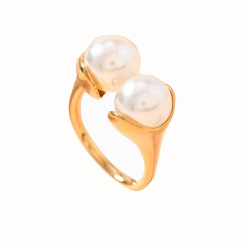 304 Stainless Steel Cuff Finger Ring with Plastic Pearl gold color plated & for woman US Ring Sold By PC