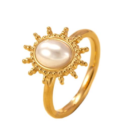 304 Stainless Steel Cuff Finger Ring with Plastic Pearl Flower gold color plated vintage & for woman Sold By PC