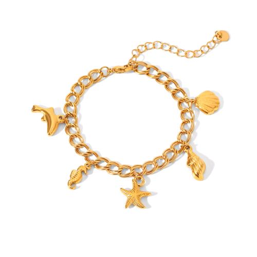 304 Stainless Steel Bracelet with Shell & Plastic Pearl gold color plated & for woman Sold By PC