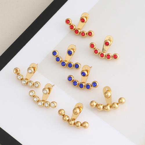 304 Stainless Steel Stud Earring gold color plated for woman & with rhinestone Sold By Pair