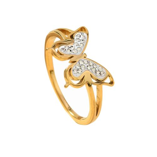 304 Stainless Steel Finger Ring Butterfly plated & for woman & with rhinestone US Ring Sold By PC