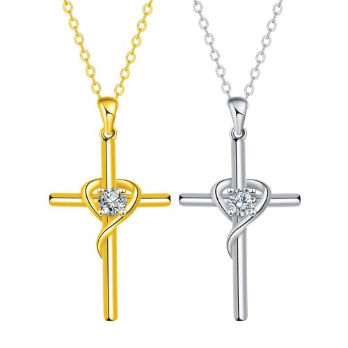 Cubic Zircon Micro Pave Brass Necklace with stainless steel chain Cross plated oval chain & micro pave cubic zirconia & for woman Sold Per Approx 45 cm Strand