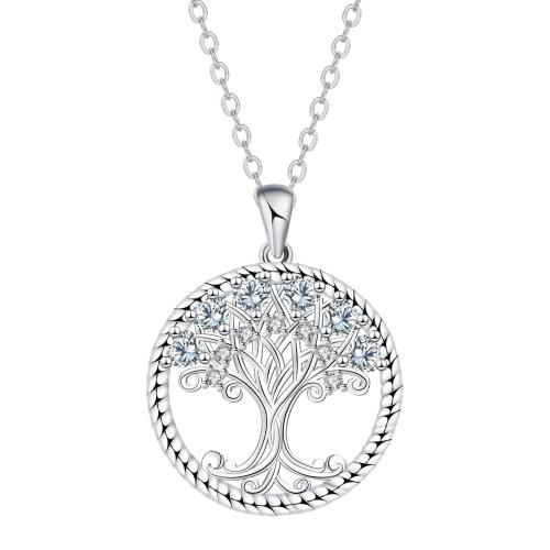 Collana in ottone di stesa Micro zircone cubico, with catena in acciaio inox, Albero della vita, placcato color argento, catena ovale & Micro spianare cubic zirconia & per la donna, 22.30x22.30mm, Venduto per Appross. 45 cm filo