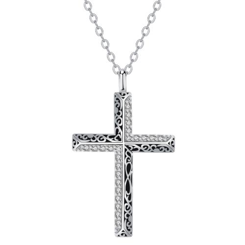 Cubic Zircon Micro Pave Brass Necklace with stainless steel chain Cross silver color plated oval chain & micro pave cubic zirconia & for woman Sold Per Approx 45 cm Strand