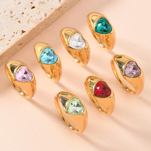 304 Stainless Steel Finger Ring Heart gold color plated Unisex & with rhinestone US Ring Sold By PC