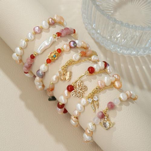 Natürliche kultivierte Süßwasserperlen Armband, mit Jade & Strawberry Quartz & Messing, verschiedene Stile für Wahl & für Frau & mit Strass, Länge ca. 6.29-10.23 ZollInch, verkauft von PC
