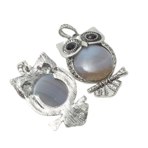 Grå Agate Pendant, med Zink Alloy, Owl, plated, DIY & med strass, 32x50mm, Säljs av PC