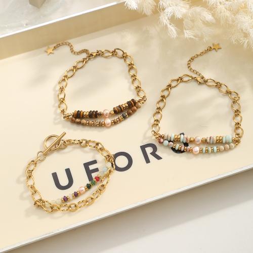 304 Stainless Steel Bracelet with Gemstone & Plastic Pearl with 5cm extender chain gold color plated & for woman Length Approx 18 cm Sold By PC