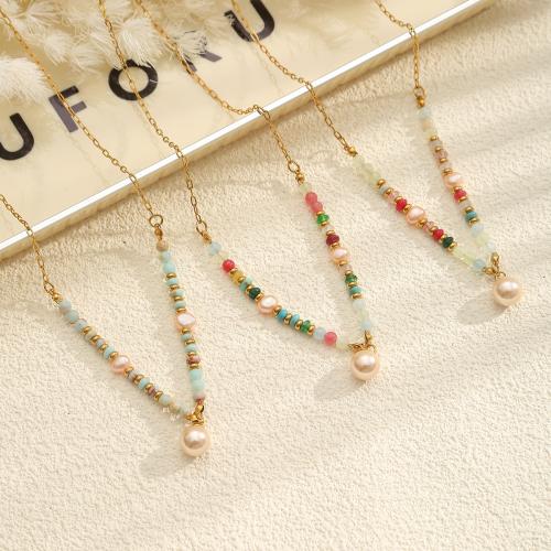 304 Stainless Steel Necklace with Glass & Plastic Pearl with 5cm extender chain gold color plated fashion jewelry & for woman Length Approx 45 cm Sold By PC