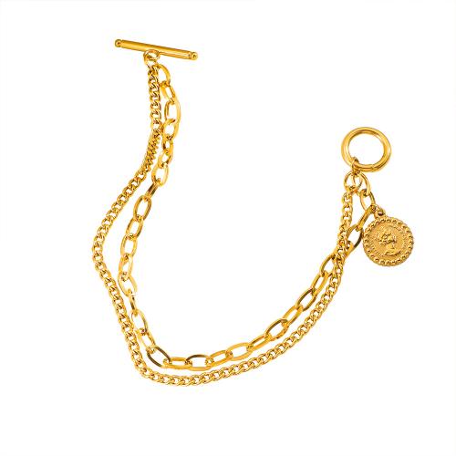 304 Stainless Steel Bracelet gold color plated Double Layer & for woman Length Approx 18 cm Sold By PC