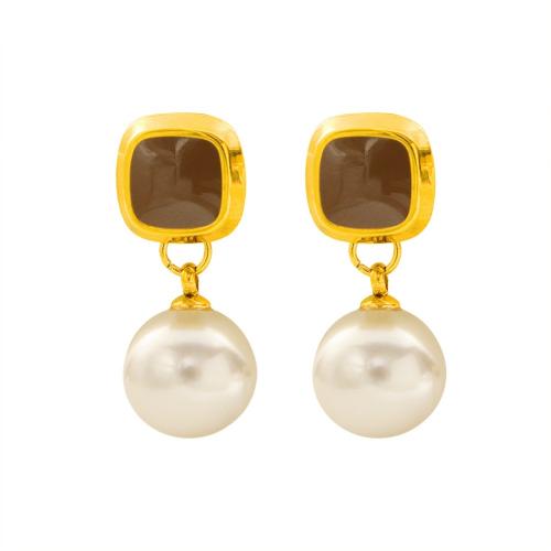 304 Stainless Steel Drop Earring with Plastic Pearl gold color plated for woman & epoxy gel Sold By Pair