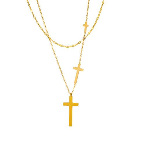 304 Stainless Steel Necklace with 5cm extender chain Cross gold color plated Double Layer & Unisex & oval chain Length Approx 44 cm Sold By PC
