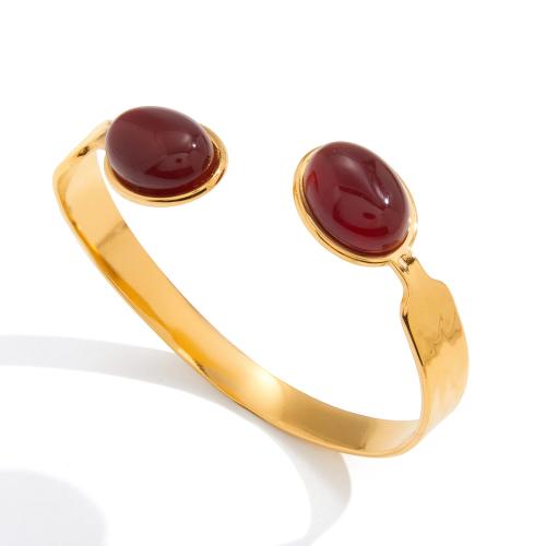 Stainless Steel Cuff Bangle, med Red Agate, guldfarve belagt, for kvinde, rød, 15.90mm, Indvendig diameter:Ca. 64.9mm, Solgt af PC