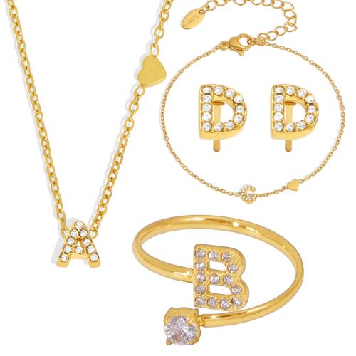 Cubic Zirconia Stainless Steel Jewelry Sets gold color plated letters are from A to Z & micro pave cubic zirconia & for woman Sold By PC