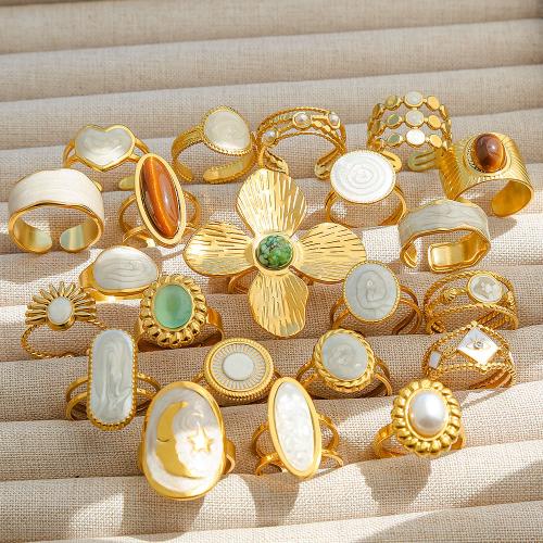304 roestvrij staal Manchet Finger Ring, met Synthetische edelsteen & Plastic Pearl, gold plated, verschillende stijlen voor de keuze & voor vrouw & glazuur, Verkocht door PC