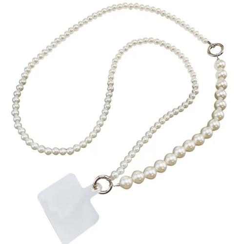 ABS Plastic Pearl Cell Phone Chain with Zinc Alloy Round handmade anti-skidding & for woman white pearl size 8mm 18mm Length Approx 140 cm Sold By Set