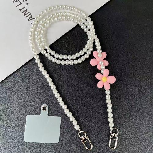 ABS kunststof parel Cell Phone Lanyard, met Plastic & Zinc Alloy, Bloem, handgemaakt, afneembare & voor vrouw, meer kleuren voor de keuze, pearl size 8mm, Lengte Ca 110 cm, Verkocht door PC