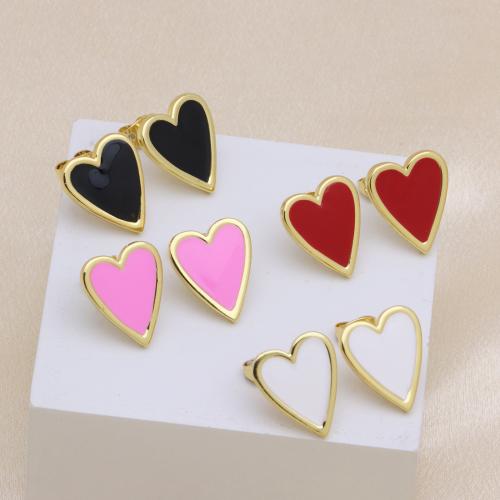 Brass Stud Earring Heart gold color plated for woman & enamel Sold By Pair