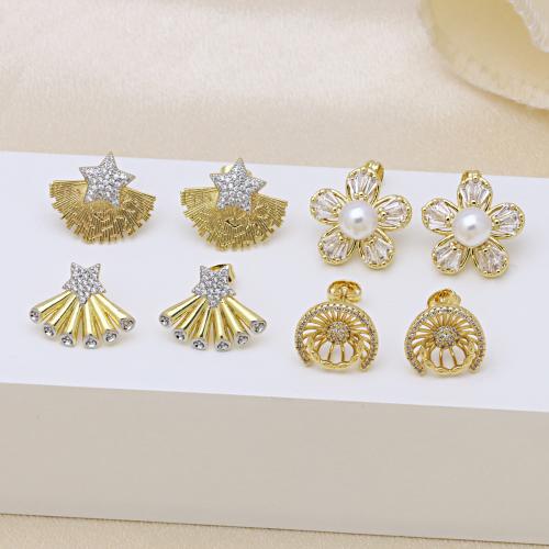 Cilindrata Zircone Orecchini in ottone micro pavimenta, with perla in plastica, placcato color oro, stili diversi per la scelta & Micro spianare cubic zirconia & per la donna, nessuno, Venduto da coppia