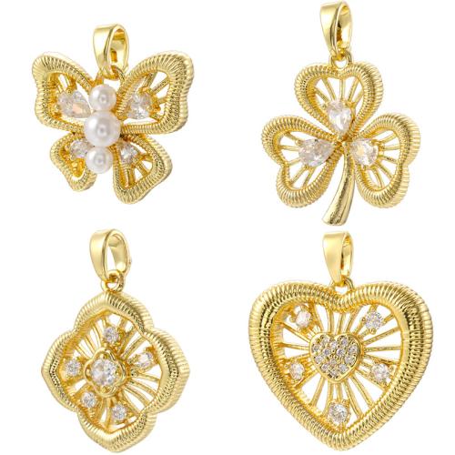 Cubic Zirconia Micro Pave Brass Pendant with Plastic Pearl gold color plated DIY & micro pave cubic zirconia & hollow Sold By PC