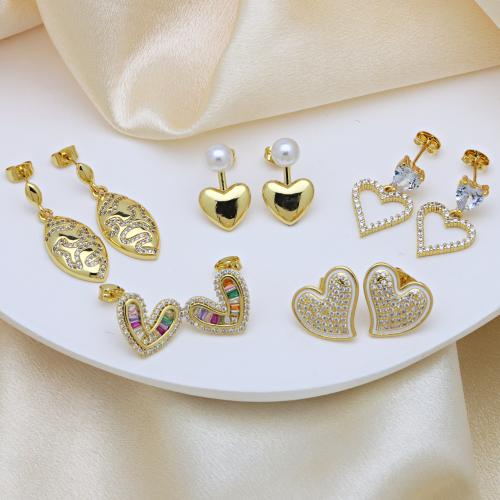 Cubic Zirconia Micro Pave Brass Earring with Plastic Pearl gold color plated & micro pave cubic zirconia & for woman Sold By Pair