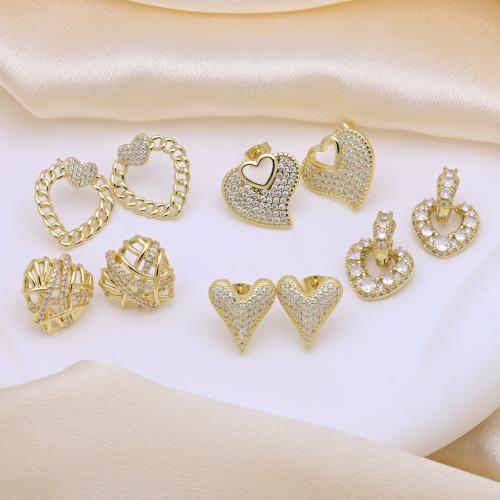 Cubic Zirconia Micro Pave Brass Earring Heart gold color plated & micro pave cubic zirconia & for woman Sold By Pair