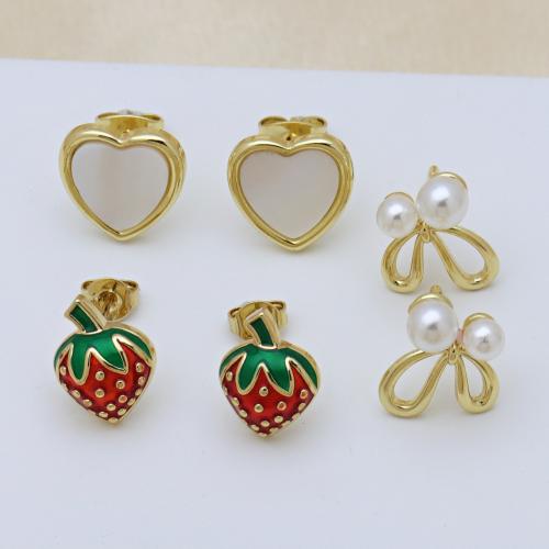 Brass Stud Earring with White Shell & Plastic Pearl gold color plated & for woman & enamel Sold By Pair