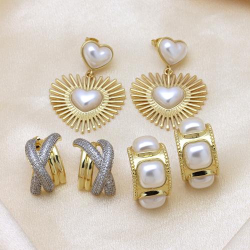 Brass Stud Earring with Plastic Pearl plated & micro pave cubic zirconia & for woman Sold By Pair