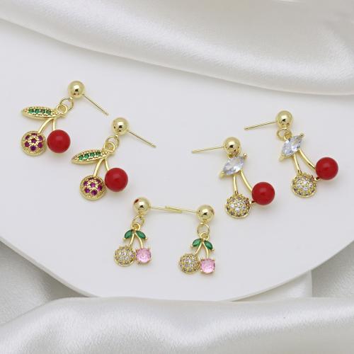 Cubic Zirconia Micro Pave Brass Earring Cherry gold color plated & micro pave cubic zirconia & for woman & enamel Sold By Pair