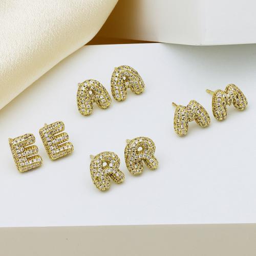 Cubic Zirconia Micro Pave Brass Earring Alphabet Letter gold color plated letters are from A to Z & micro pave cubic zirconia & for woman Sold By Pair