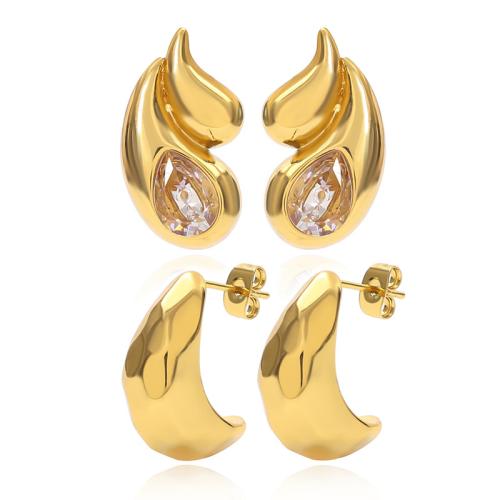 304 Stainless Steel Stud Earring Teardrop gold color plated & micro pave cubic zirconia & for woman Sold By Pair