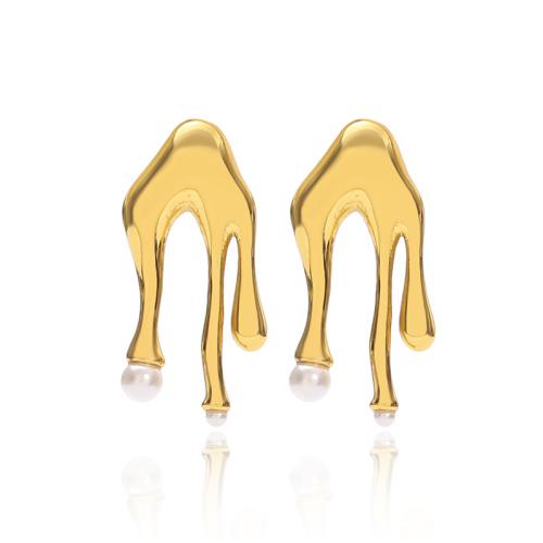 304 rustfrit stål Stud Earring, med Plastic Pearl, Claw, guldfarve belagt, mode smykker & for kvinde, 12x29mm, Solgt af par