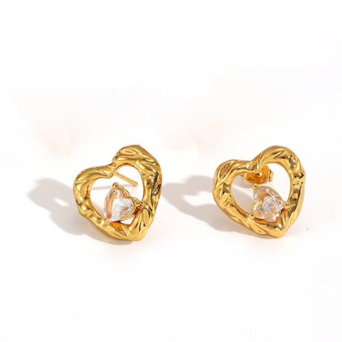 304 rustfrit stål Stud Earring, Heart, guldfarve belagt, Micro Pave cubic zirconia & for kvinde & hule, 18.50x17.60mm, Solgt af par