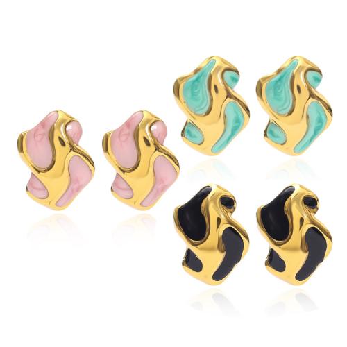 304 Stainless Steel Stud Earring gold color plated for woman & enamel Sold By Pair