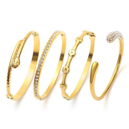 304 Stainless Steel Bangle gold color plated & for woman & with rhinestone Sold By PC
