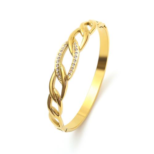 304 Stainless Steel Bangle gold color plated & for woman & with rhinestone Sold By PC