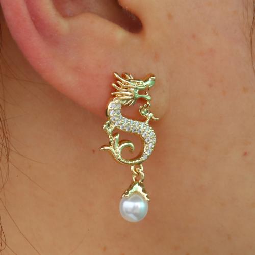 Cubic Zirconia Micro Pave Brass Earring with Plastic Pearl gold color plated micro pave cubic zirconia & for woman Sold By Pair