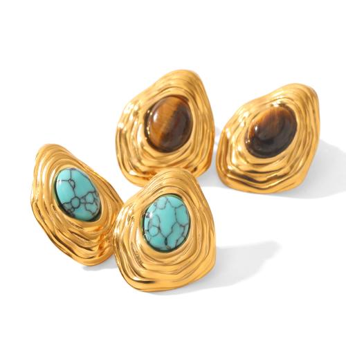 304 Stainless Steel Stud Earring with turquoise & Tiger Eye gold color plated vintage & for woman Sold By Pair
