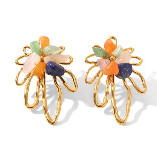 304 Stainless Steel Stud Earring with Gemstone Flower gold color plated for woman & hollow Sold By Pair