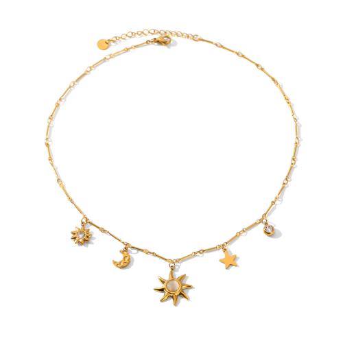 acero inoxidable 304 collar, con Piedra lunar, con 5cm extender cadena, Luna y estrella, chapado en color dorado, para mujer & con diamantes de imitación, longitud aproximado 40 cm, Vendido por UD