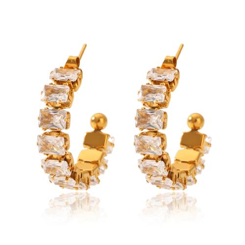 304 Stainless Steel Stud Earring Letter C gold color plated micro pave cubic zirconia & for woman Sold By Pair