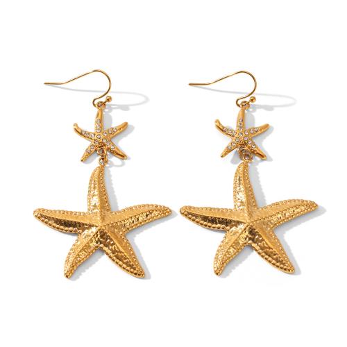 304 Stainless Steel Drop Earring Starfish gold color plated for woman & with rhinestone Sold By Pair
