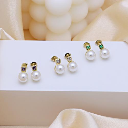 Boucles d'oreilles en laiton zircon cubique pavent, avec perle de plastique, Placage de couleur d'or, pour femme & avec zircone cubique, plus de couleurs à choisir, 8x12mm, Vendu par paire