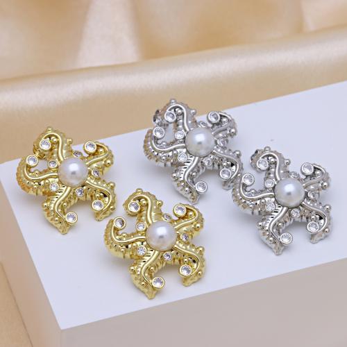 Cubic Zirconia Micro Pave Brass Earring with Plastic Pearl plated for woman & with cubic zirconia Sold By Pair