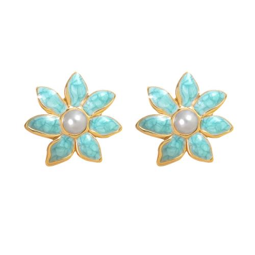 304 roestvrij staal Stud Earring, met Plastic Pearl, Bloem, gold plated, voor vrouw & glazuur, meer kleuren voor de keuze, 25mm, Verkocht door pair