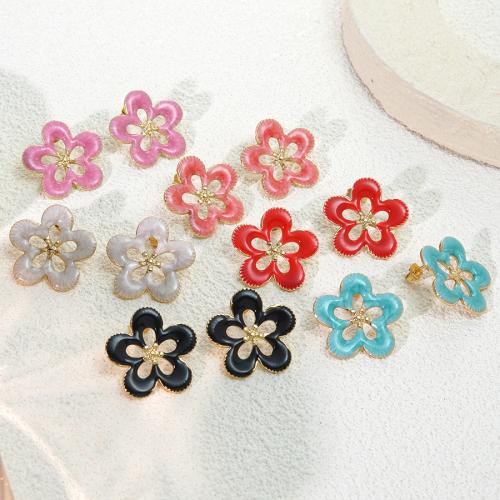 Stainless Steel Stud Earrings 304 Stainless Steel Flower gold color plated for woman & enamel & hollow Sold By Pair