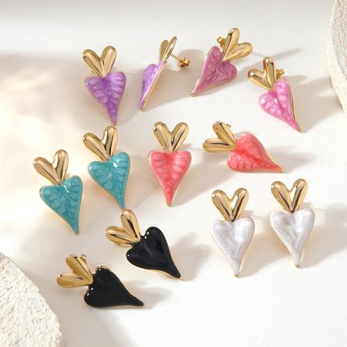 Stainless Steel Stud Earrings 304 Stainless Steel Heart gold color plated for woman & enamel Sold By Pair