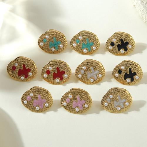 Stainless Steel Stud Øreringe, 304 rustfrit stål, med Plastic Pearl, Shell, guldfarve belagt, for kvinde & emalje, flere farver til valg, 19.70x15.10mm, Solgt af par