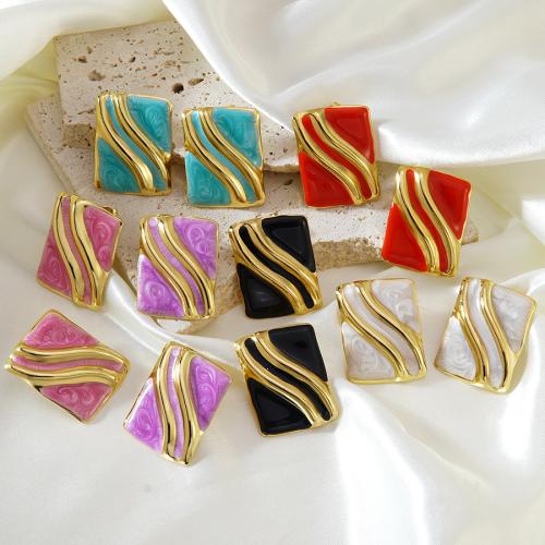 Stainless Steel Stud Earrings 304 Stainless Steel Rectangle gold color plated for woman & enamel Sold By Pair
