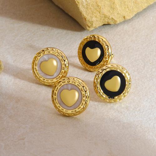 Stainless Steel Stud Earrings 304 Stainless Steel Round gold color plated with heart pattern & for woman & enamel Sold By Pair